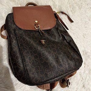 Calvin Klein Signature Mini Backpack Bag Brown PVC Saffiano Leather Gold